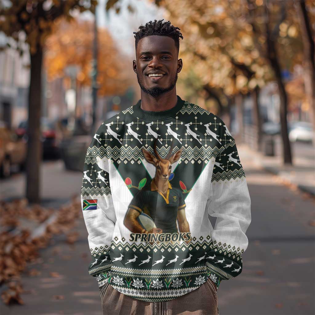 South Africa Christmas Rugby Sweatshirt Springboks Mascot Mix African Pattern LT15