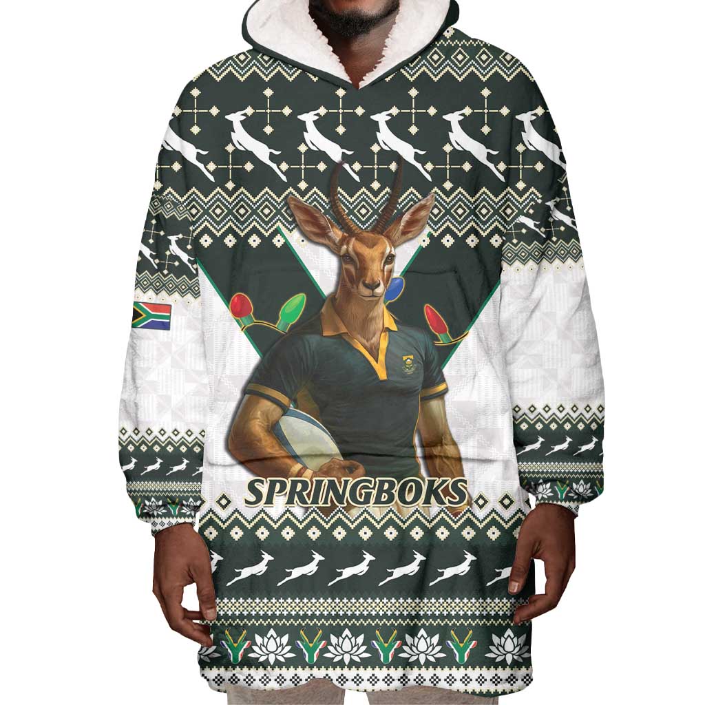 South Africa Christmas Rugby Wearable Blanket Hoodie Springboks Mascot Mix African Pattern LT15