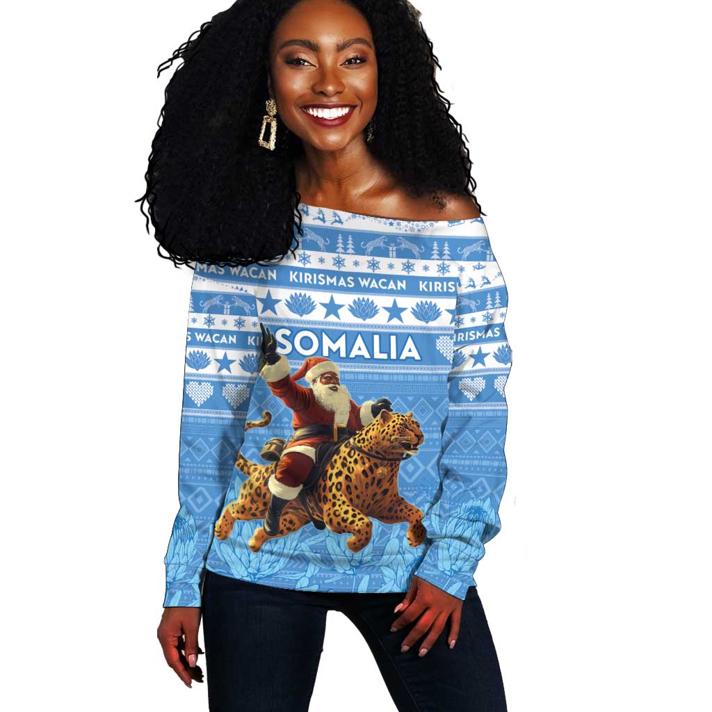 Personalized Afro Somalia Christmas Off Shoulder Sweater Black Santa Riding Leopard - African Pattern LT15