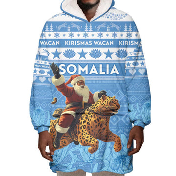 Personalized Afro Somalia Christmas Wearable Blanket Hoodie Black Santa Riding Leopard - African Pattern LT15