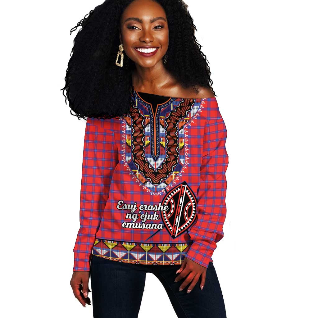 Afro Kenya Maasai Shuka Personalized Off Shoulder Sweater Maasai Shield Mix Dashiki LT15