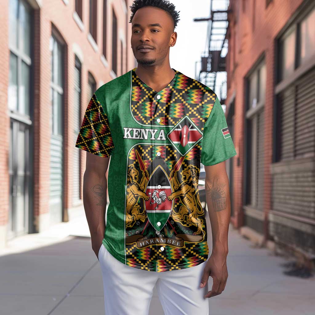 Kenya Baseball Jersey - Kente Pattern, Coat Of Arms Design LT15