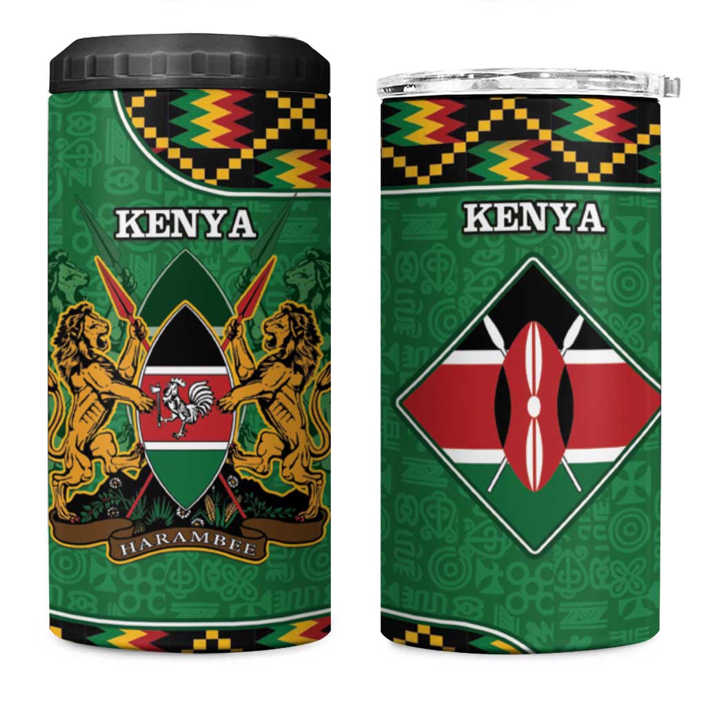 Kenya 4 in 1 Can Cooler Tumbler - Kente Pattern, Coat Of Arms Design LT15