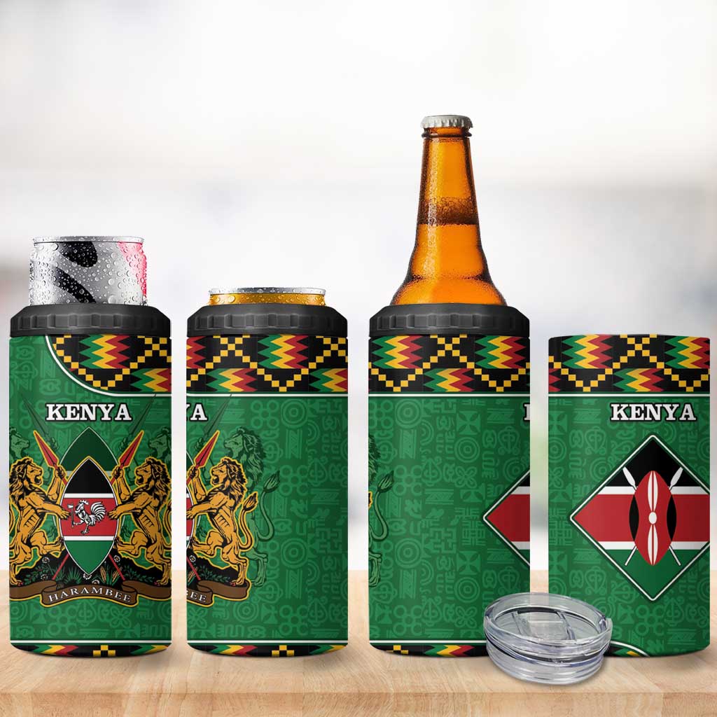 Kenya 4 in 1 Can Cooler Tumbler - Kente Pattern, Coat Of Arms Design LT15
