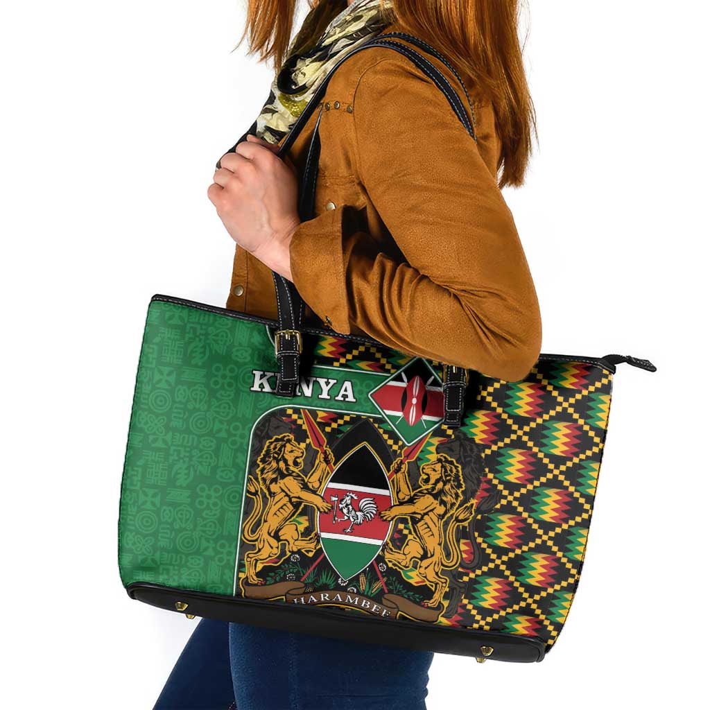 Kenya Leather Tote Bag Coat Of Arms Kente Pattern LT15