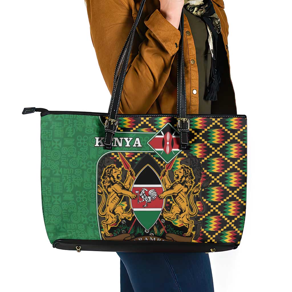 Kenya Leather Tote Bag Coat Of Arms Kente Pattern LT15