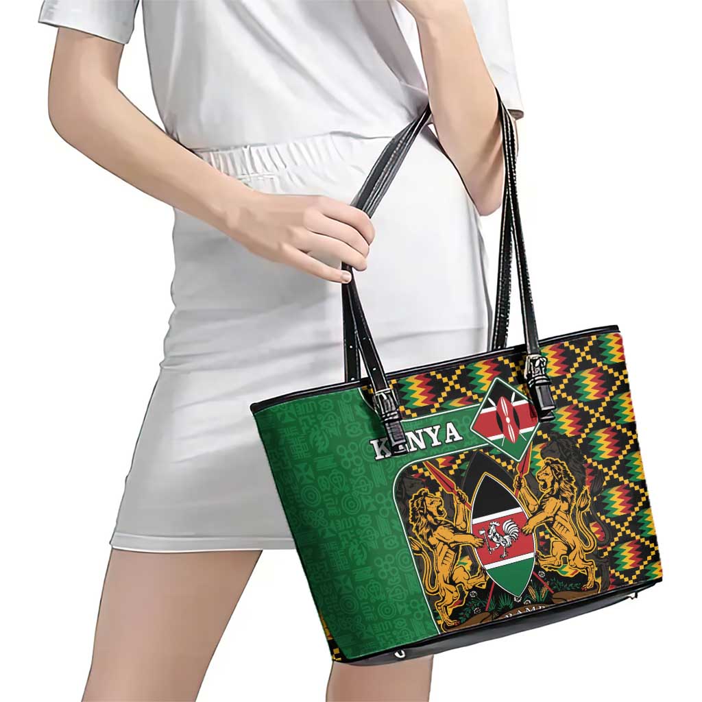 Kenya Leather Tote Bag Coat Of Arms Kente Pattern LT15