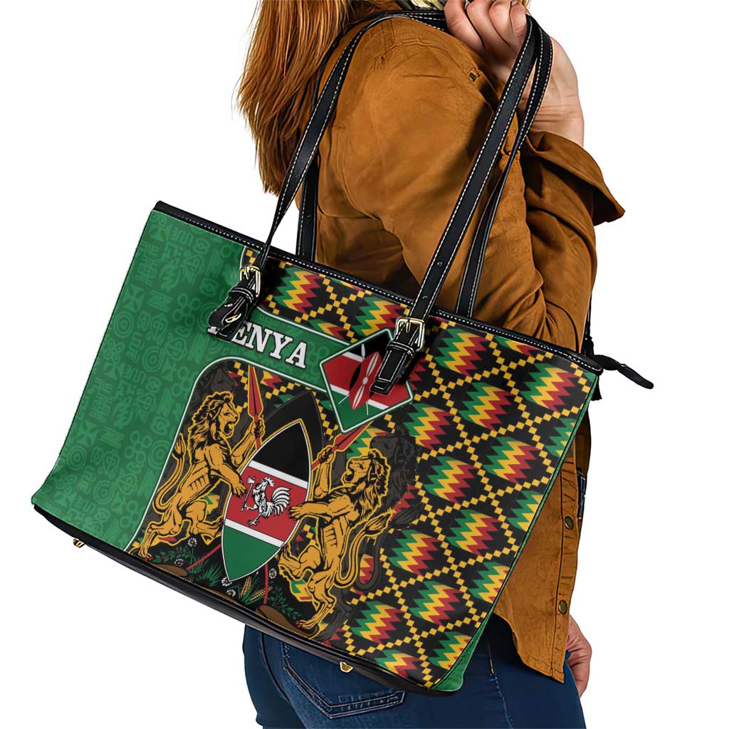 Kenya Leather Tote Bag Coat Of Arms Kente Pattern LT15