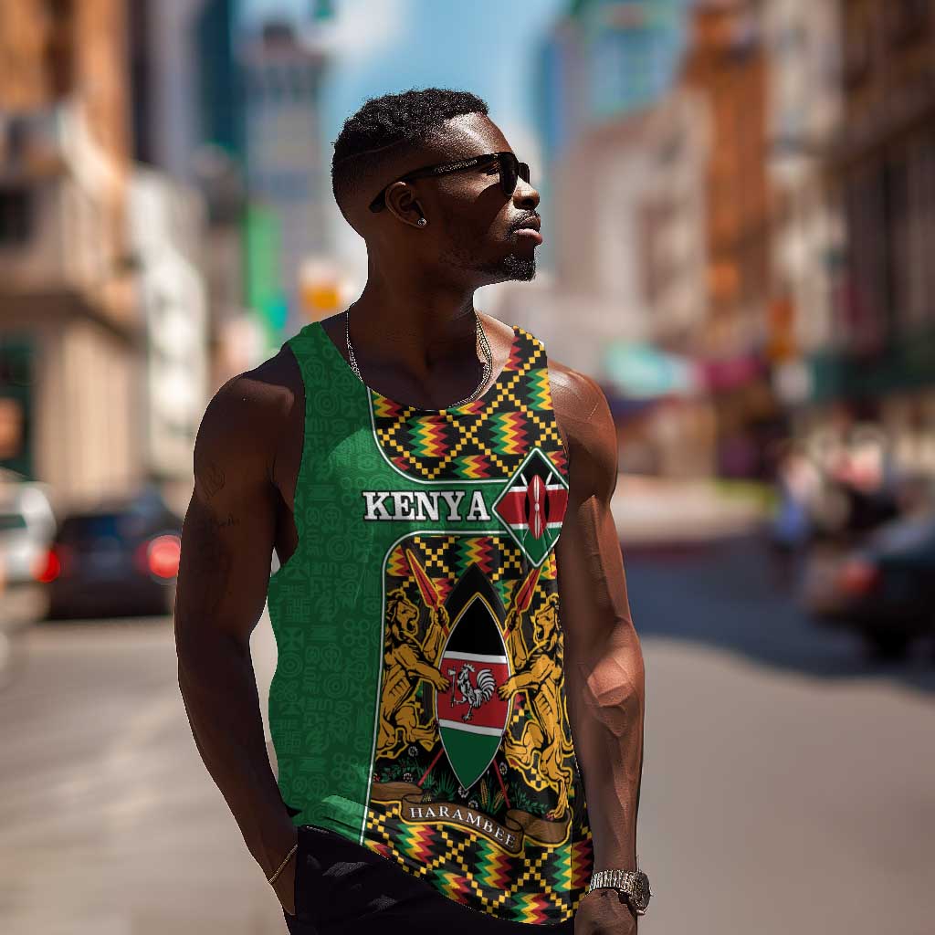 Kenya Men Tank Top - Kente Pattern, Coat Of Arms Design LT15