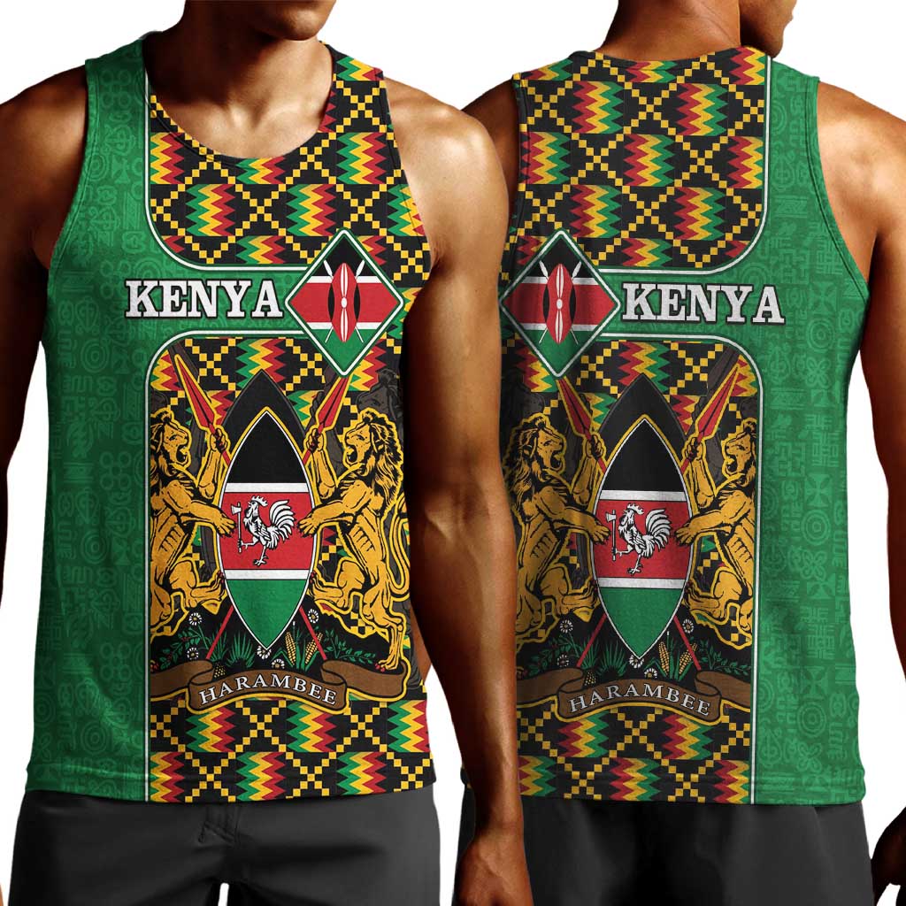 Kenya Men Tank Top - Kente Pattern, Coat Of Arms Design LT15