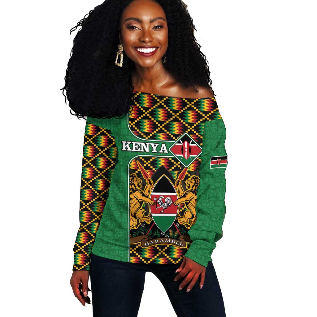 Kenya Off Shoulder Sweater - Kente Pattern, Coat Of Arms Design LT15