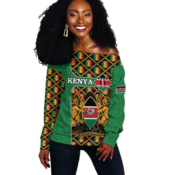 Kenya Off Shoulder Sweater - Kente Pattern, Coat Of Arms Design LT15