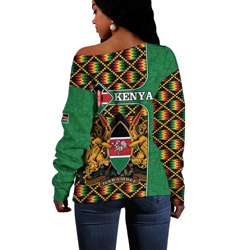 Kenya Off Shoulder Sweater - Kente Pattern, Coat Of Arms Design LT15
