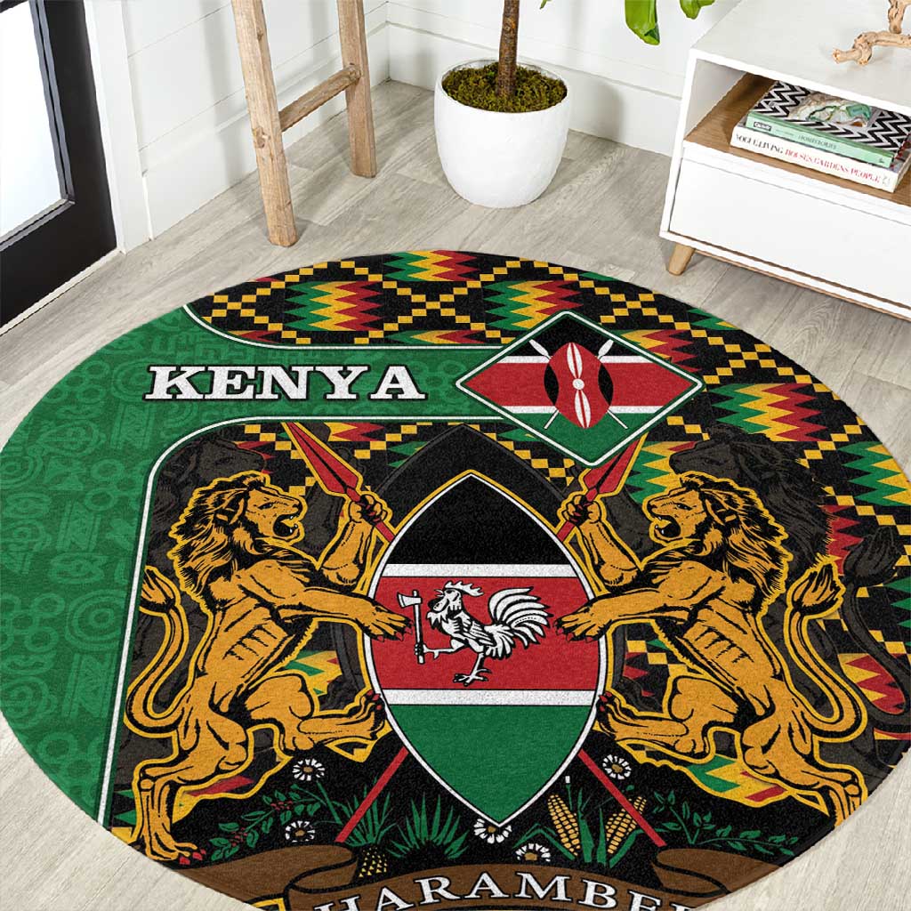 Kenya Round Carpet - Kente Pattern, Coat Of Arms Design LT15