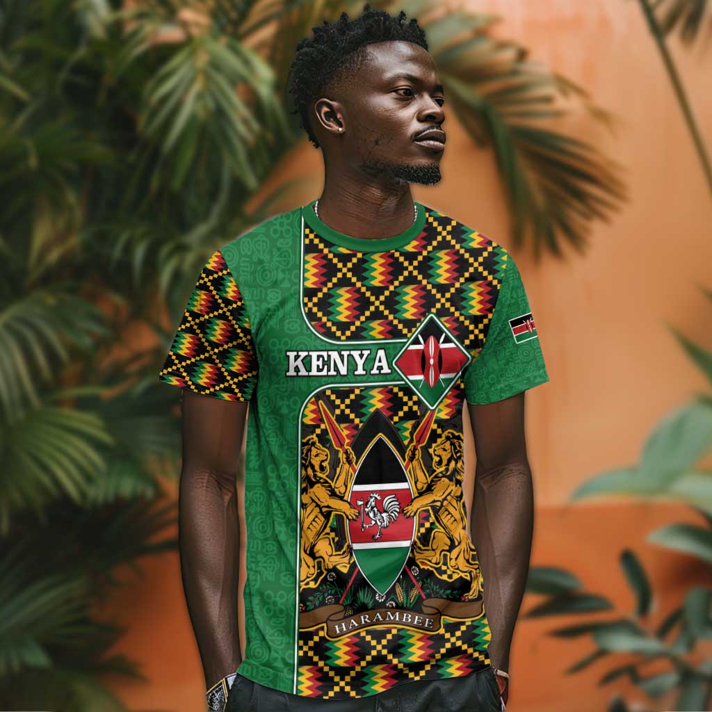 Kenya T shirt - Kente Pattern, Coat Of Arms Design LT15