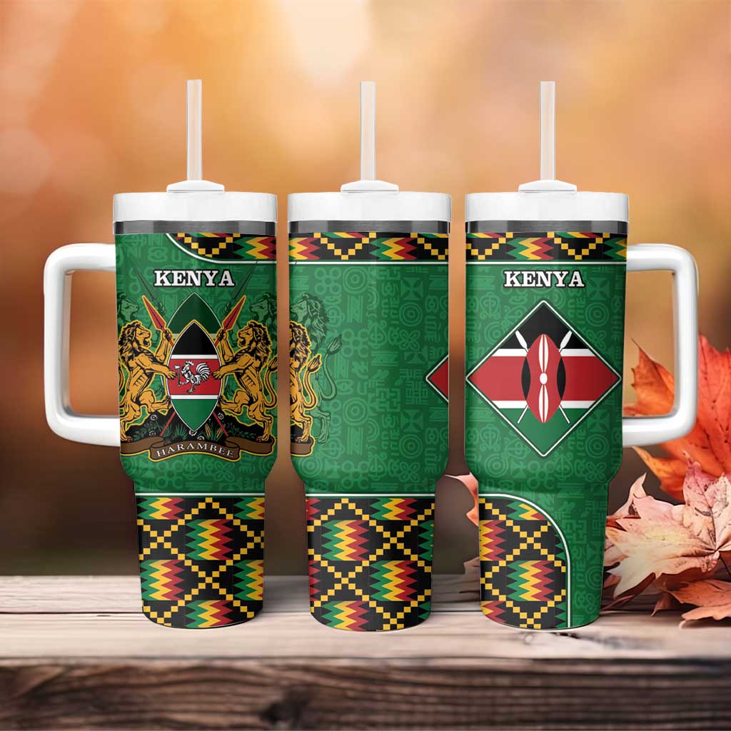 Kenya Tumbler With Handle - Kente Pattern, Coat Of Arms Design LT15