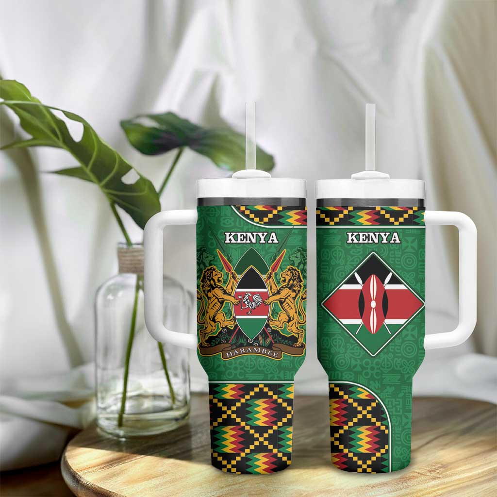 Kenya Tumbler With Handle - Kente Pattern, Coat Of Arms Design LT15