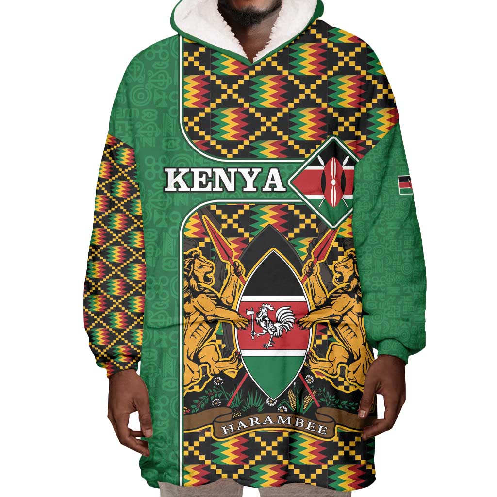 Kenya Wearable Blanket Hoodie - Kente Pattern, Coat Of Arms Design LT15