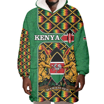 Kenya Wearable Blanket Hoodie - Kente Pattern, Coat Of Arms Design LT15