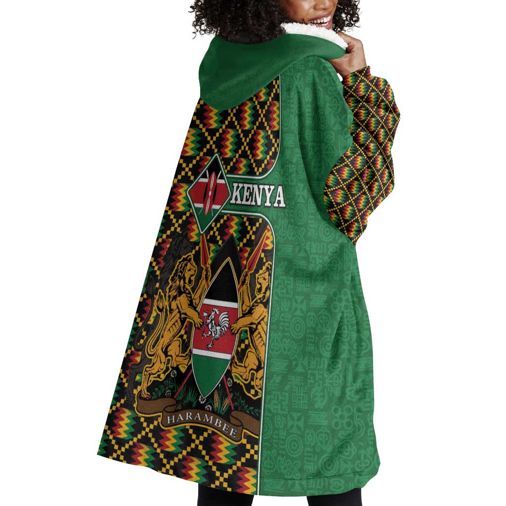 Kenya Wearable Blanket Hoodie - Kente Pattern, Coat Of Arms Design LT15