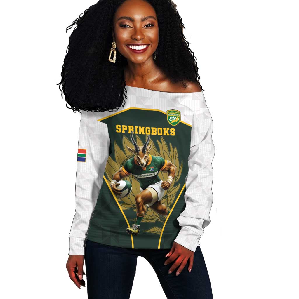 South Africa Rugby Personalised Off Shoulder Sweater Springboks Mascot With King Protea -  African Pattern LT15
