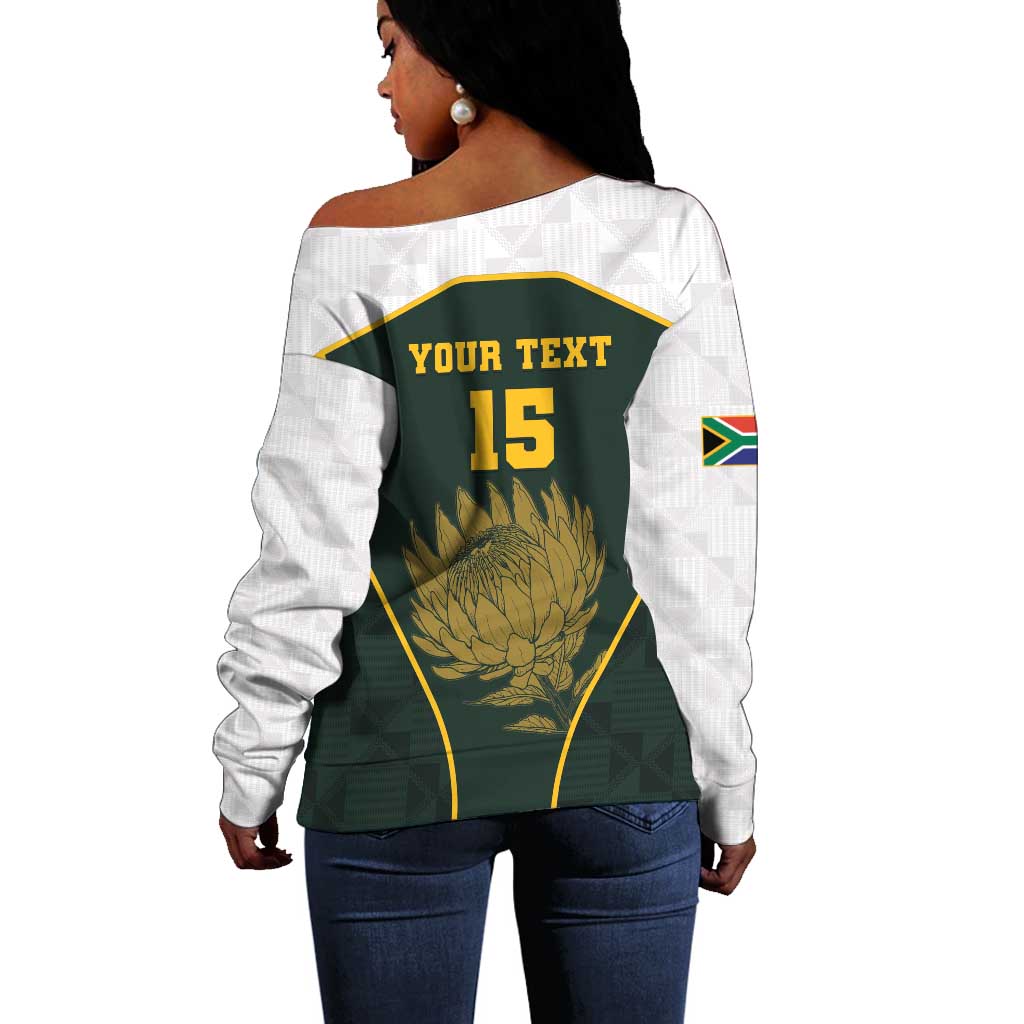 South Africa Rugby Personalised Off Shoulder Sweater Springboks Mascot With King Protea -  African Pattern LT15