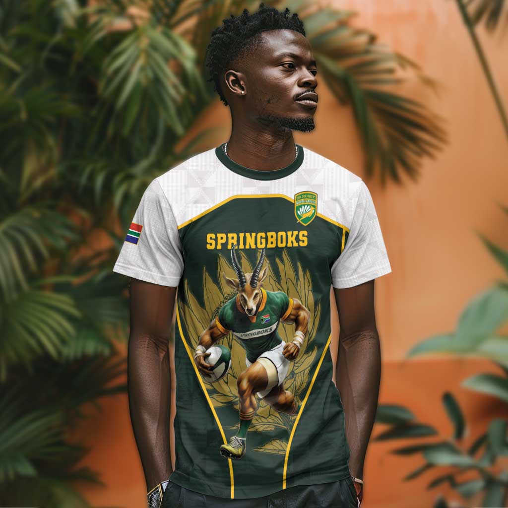 South Africa Rugby Personalised T shirt Springboks Mascot With King Protea -  African Pattern LT15