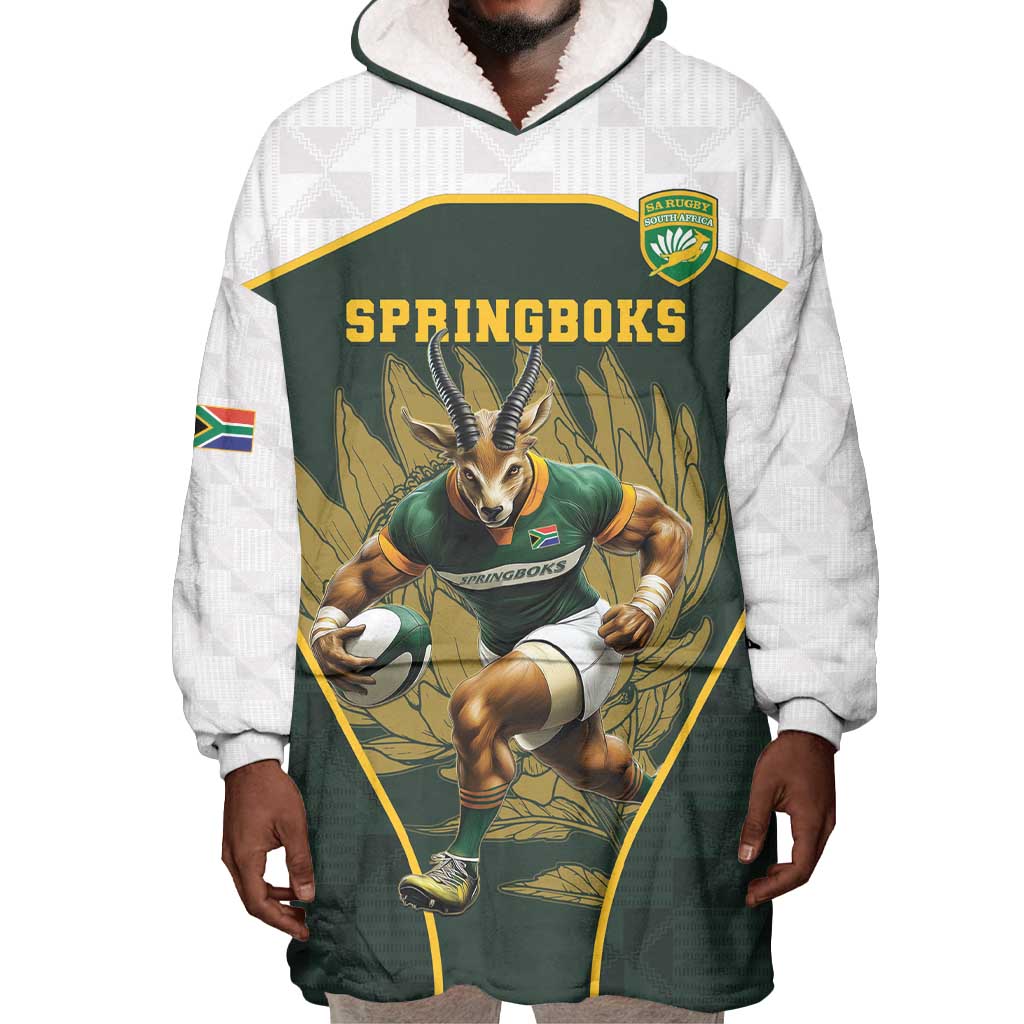 South Africa Rugby Personalised Wearable Blanket Hoodie Springboks Mascot With King Protea -  African Pattern LT15