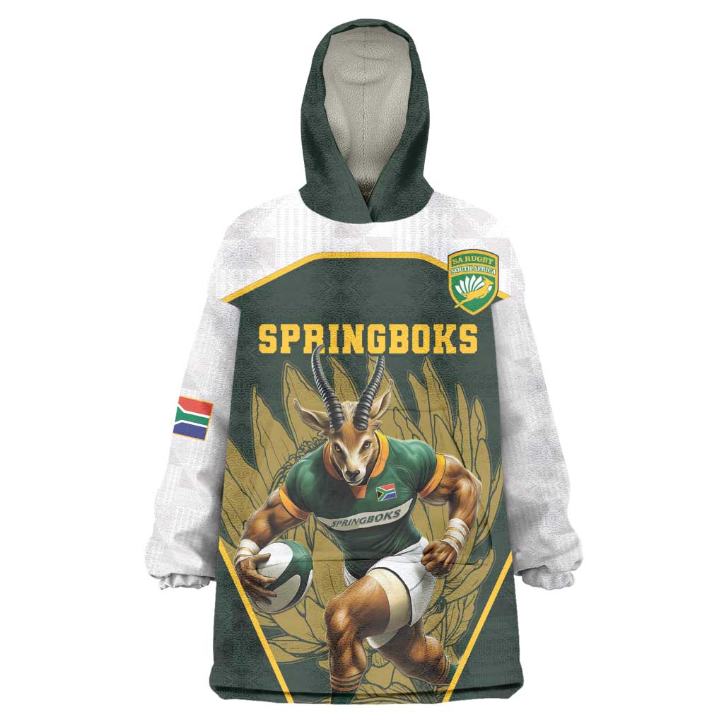 South Africa Rugby Personalised Wearable Blanket Hoodie Springboks Mascot With King Protea -  African Pattern LT15