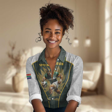 South Africa Rugby Personalised Women Casual Shirt Springboks Mascot With King Protea -  African Pattern LT15
