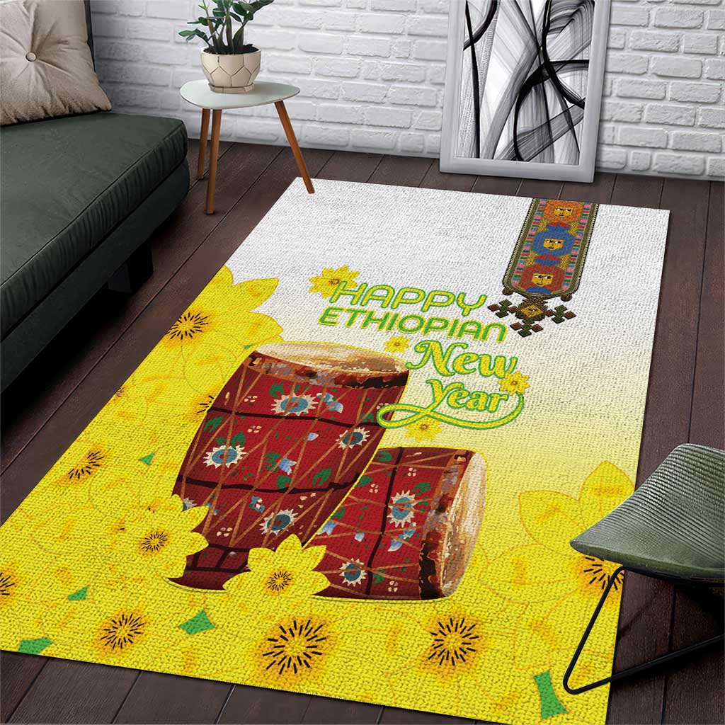 Melkam Enkutatash Ethiopian Area Rug Kebero Drum With Adey Abeba Flower LT15