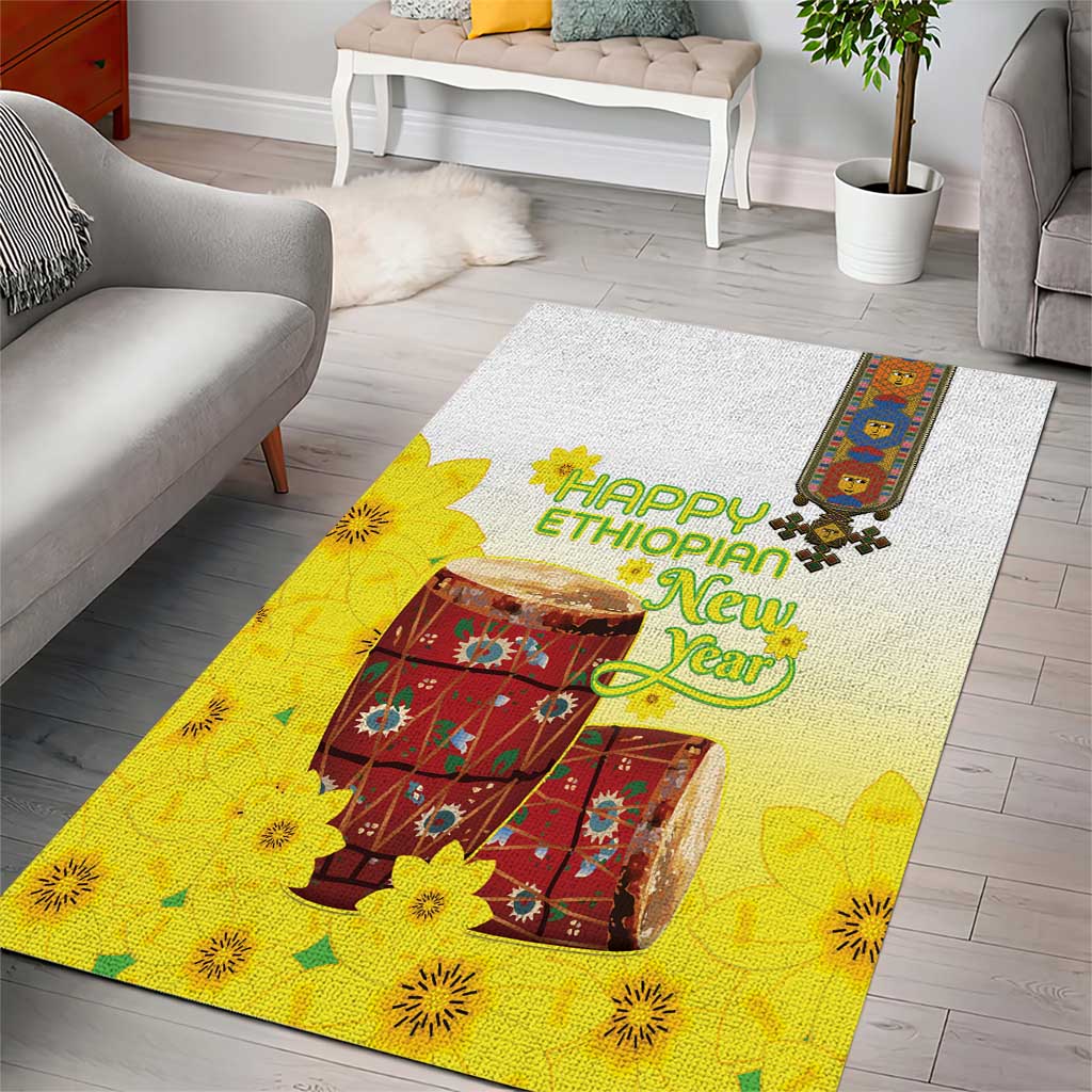 Melkam Enkutatash Ethiopian Area Rug Kebero Drum With Adey Abeba Flower LT15