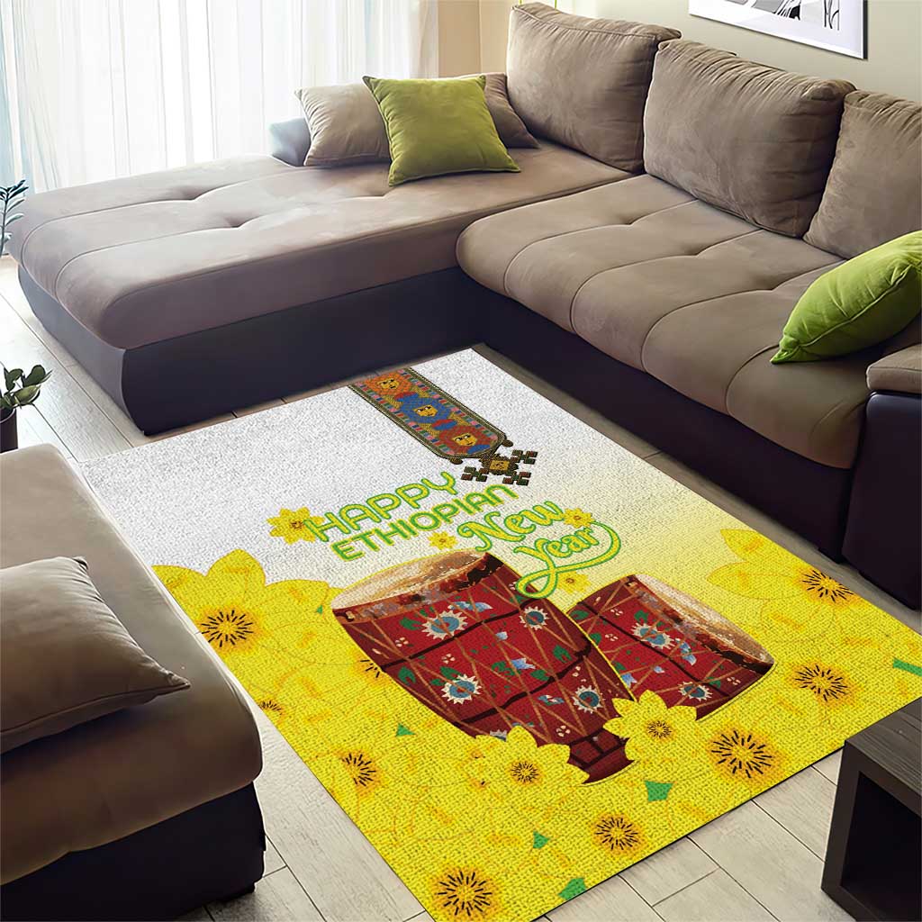 Melkam Enkutatash Ethiopian Area Rug Kebero Drum With Adey Abeba Flower LT15