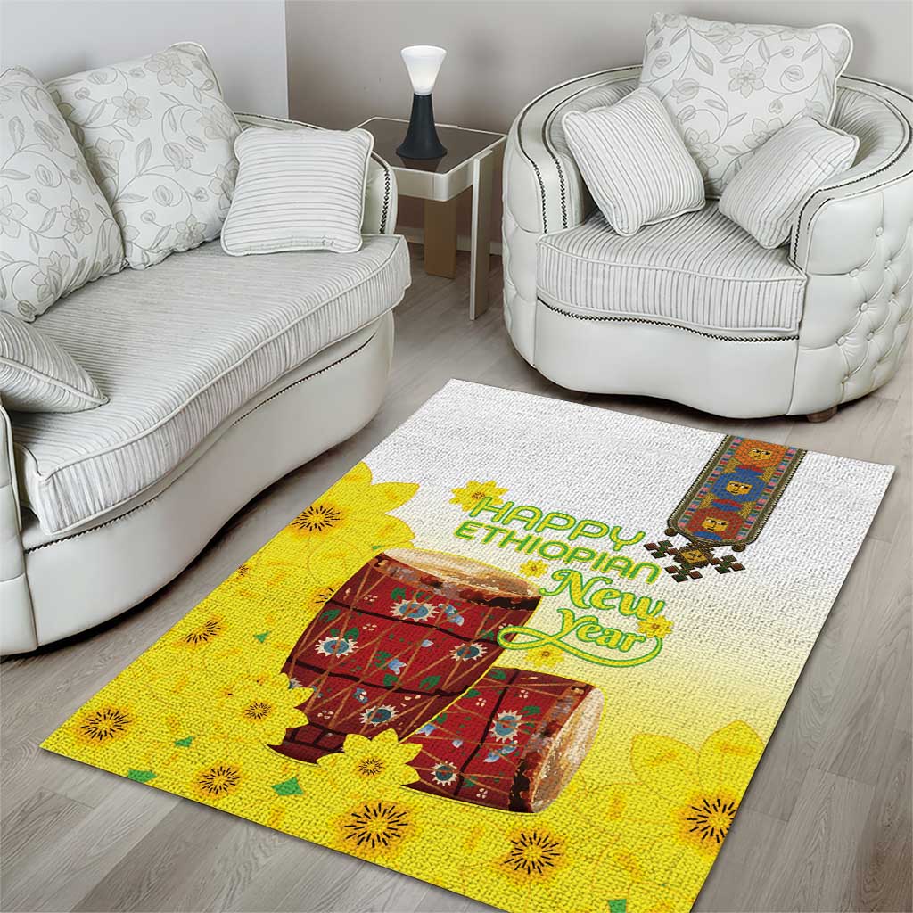 Melkam Enkutatash Ethiopian Area Rug Kebero Drum With Adey Abeba Flower LT15