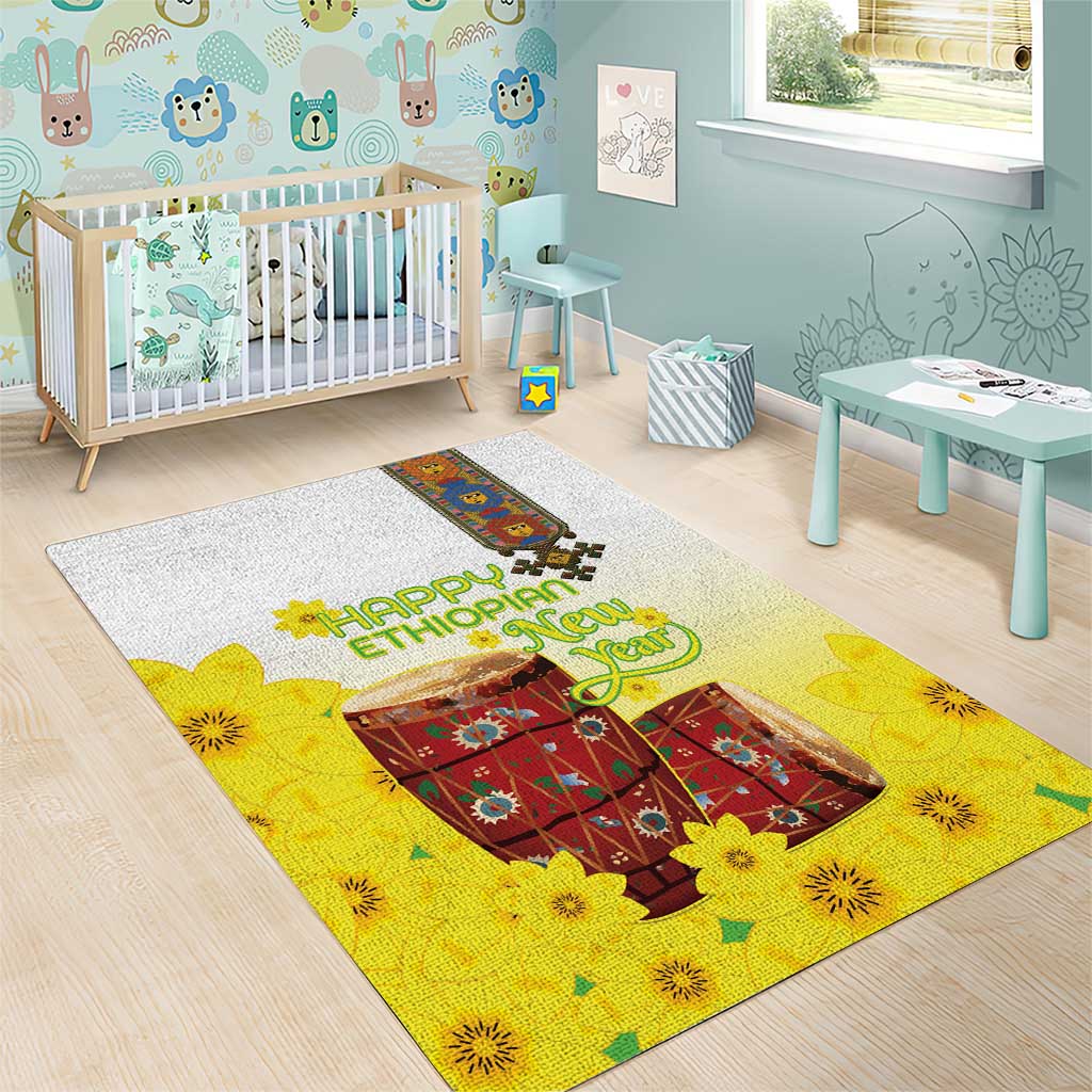 Melkam Enkutatash Ethiopian Area Rug Kebero Drum With Adey Abeba Flower LT15