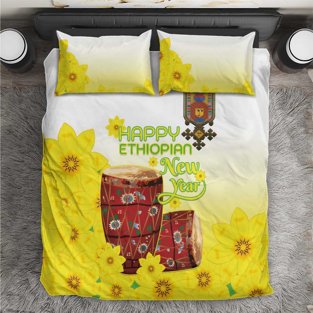 Melkam Enkutatash Ethiopian Bedding Set Kebero Drum With Adey Abeba Flower LT15