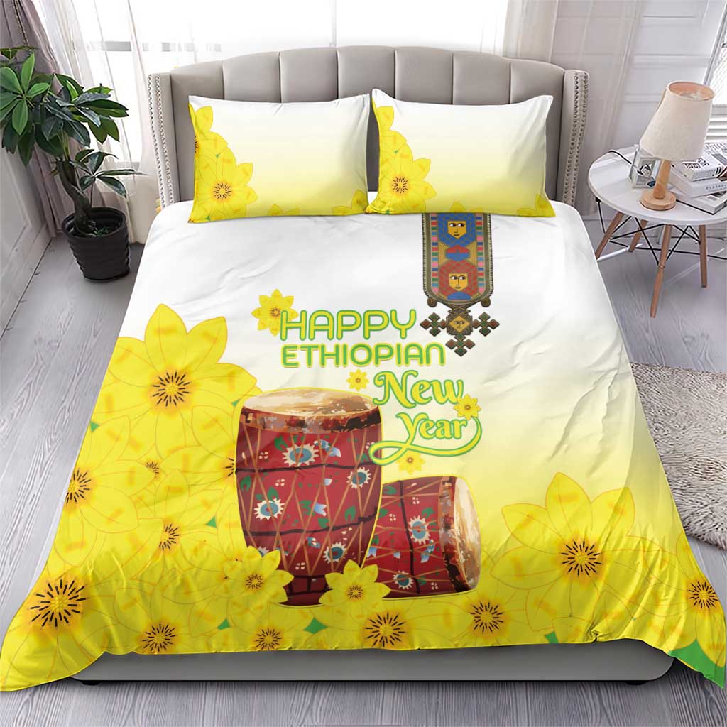 Melkam Enkutatash Ethiopian Bedding Set Kebero Drum With Adey Abeba Flower LT15