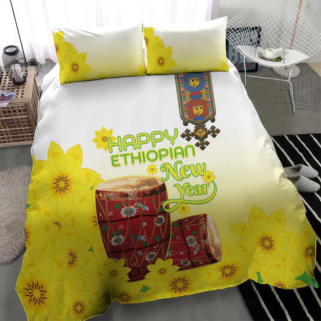 Melkam Enkutatash Ethiopian Bedding Set Kebero Drum With Adey Abeba Flower LT15