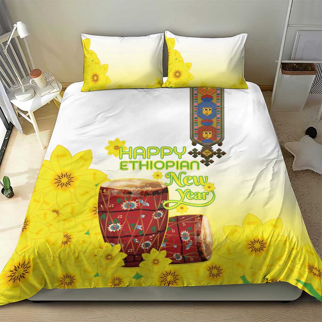 Melkam Enkutatash Ethiopian Bedding Set Kebero Drum With Adey Abeba Flower LT15