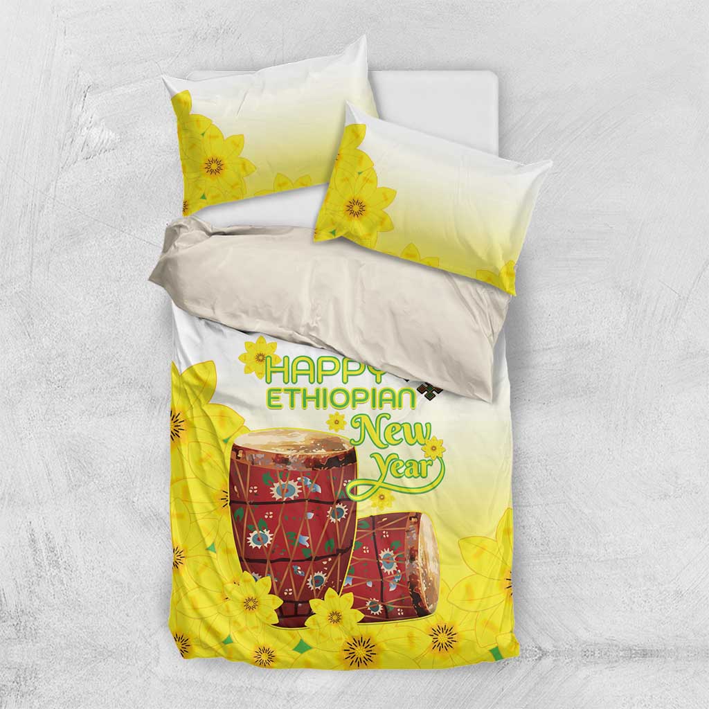 Melkam Enkutatash Ethiopian Bedding Set Kebero Drum With Adey Abeba Flower LT15