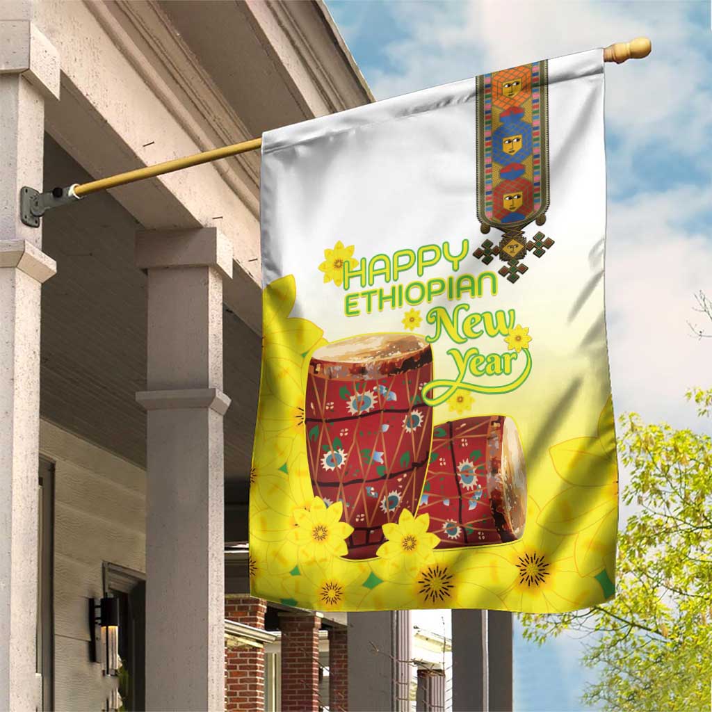 Melkam Enkutatash Ethiopian Garden Flag Kebero Drum With Adey Abeba Flower LT15