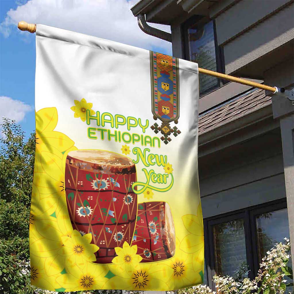 Melkam Enkutatash Ethiopian Garden Flag Kebero Drum With Adey Abeba Flower LT15