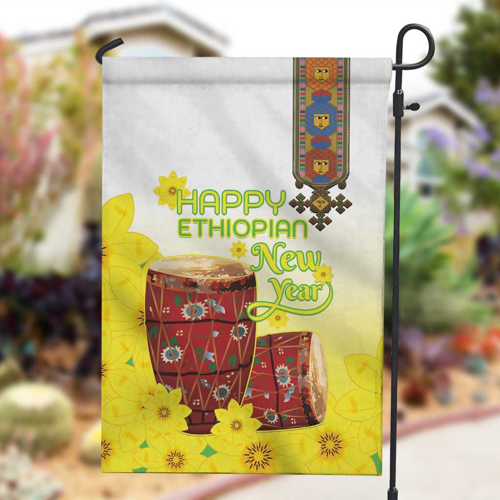 Melkam Enkutatash Ethiopian Garden Flag Kebero Drum With Adey Abeba Flower LT15