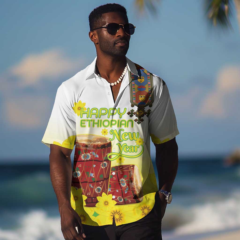 Melkam Enkutatash Ethiopian Hawaiian Shirt Kebero Drum With Adey Abeba Flower LT15