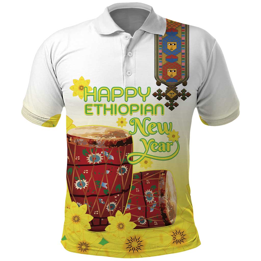 Ethiopian Enkutatash Polo Shirt Kebero Drum With Adey Abeba Flower LT15