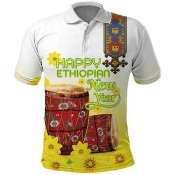 Ethiopian Enkutatash Polo Shirt Kebero Drum With Adey Abeba Flower LT15