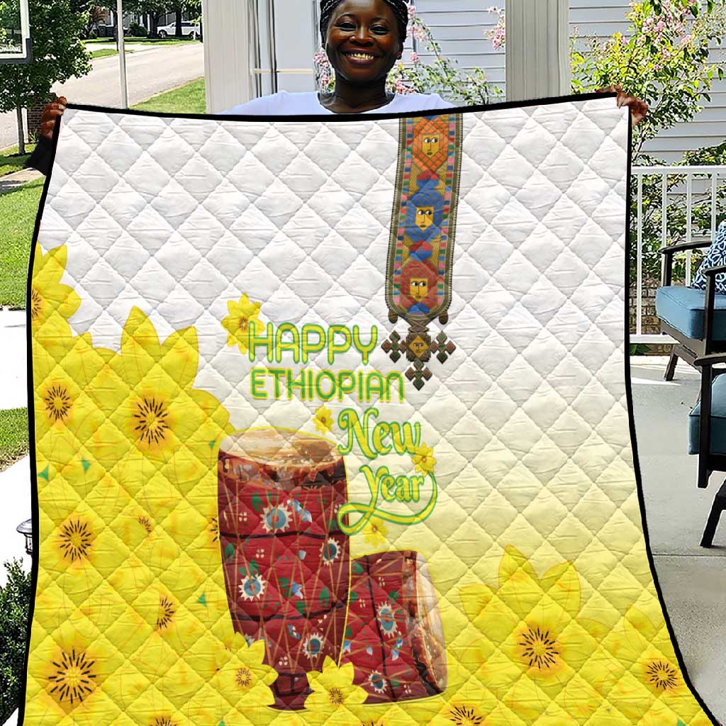 Melkam Enkutatash Ethiopian Quilt Kebero Drum With Adey Abeba Flower LT15
