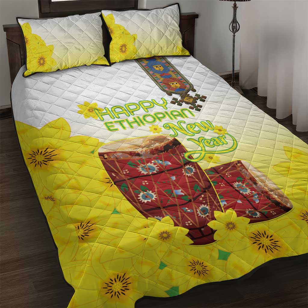 Melkam Enkutatash Ethiopian Quilt Bed Set Kebero Drum With Adey Abeba Flower LT15