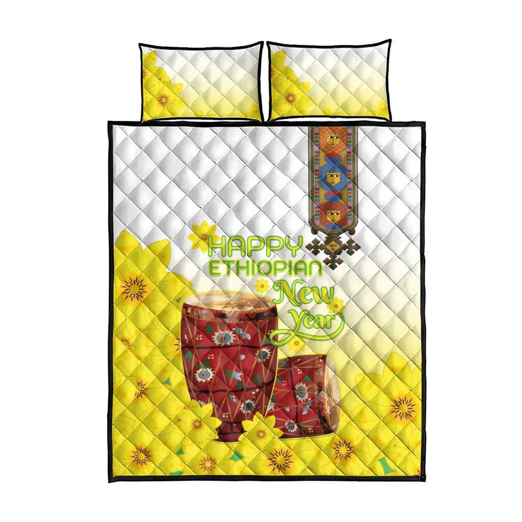 Melkam Enkutatash Ethiopian Quilt Bed Set Kebero Drum With Adey Abeba Flower LT15