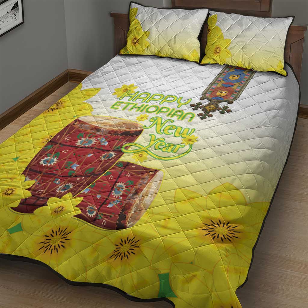 Melkam Enkutatash Ethiopian Quilt Bed Set Kebero Drum With Adey Abeba Flower LT15